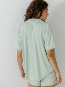Aralina Soft Jersey Button Front Shirt And Matching Shorts Lounge Set With Scrunchie - Mint Green - View 2