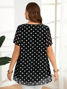 EMERY ROSE Große Größen Damen Polka Punkt Muster Rundhals Locker Kurzarm Bluse Sommer Kleidung Elegante Polka Punkt Arbeitskleidung für Damen