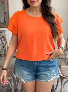 SHEIN LUNE Blusa holgada con volantes multicapa de gasa naranja, versátil y de talla grande, ideal para la primavera - Naranja Quemada - Ver 4