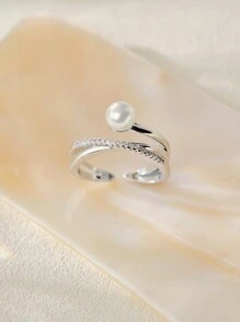 Faux Pearl & Cubic Zirconia Decor Cuff Ring Christmas Winter Christmas Gifts