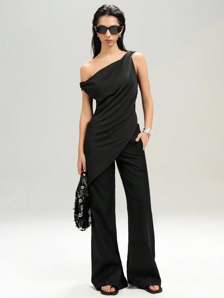 LYSMO Women Solid Color Asymmetric Long Blouse - Black - View 1