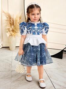 SHEIN 2pcs Baby Girl Elegant & Ruffled Peter Pan Collar Puff Sleeve Waisted Shirt And Skirt Set - Blue - View 7