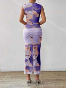 Chiquease Women's Summer Tie Dye Print Stand Collar Pleated Slim Long Elegant Dress Maxi Women Outfit