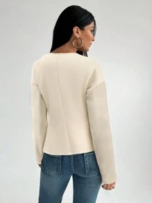 Aloruh 女士时尚法式复古 V 领插肩袖酒红色针织衬衫 - 杏色 - 查看 2