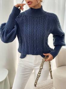 Women Plus Size Casual Solid Color Knitted Pullover Sweater, Versatile, High Neck, Long Sleeve - Blue - View 5