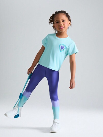 Sport-Set für Kleine Mädchen – locker sitzendes, kurzärmliges T-Shirt mit Rundhalsausschnitt und Knoten + taillierte, bequeme Stretch-Hose mit Farbverlauf-Print für Tennis, Laufen, Outdoor-Aktivitäten, Frühling/Sommer