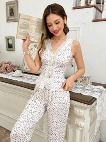 CottageSlumber INS 风格碎花蕾丝边女式睡衣套装