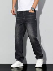 Manfinity Homme Men's Pocket Straight Loose Casual Versatile Jeans - Black - View 1