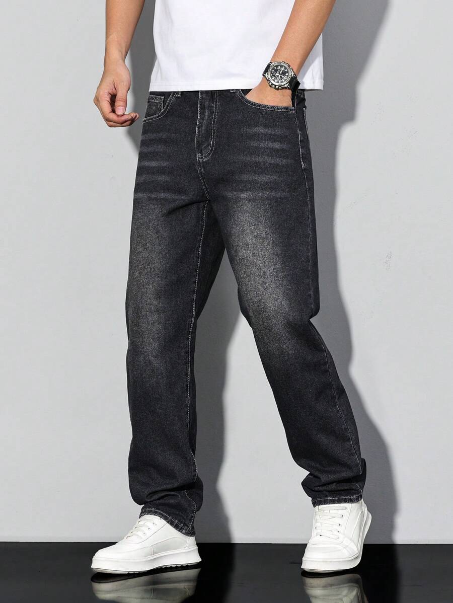 Manfinity Homme Men's Pocket Straight Loose Casual Versatile Jeans - Black - View 1