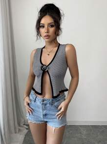 Chiquease Damen Gestricktes Crop Top, gestreifter Kontrastfarben sexy Blumen Muster Tank Top