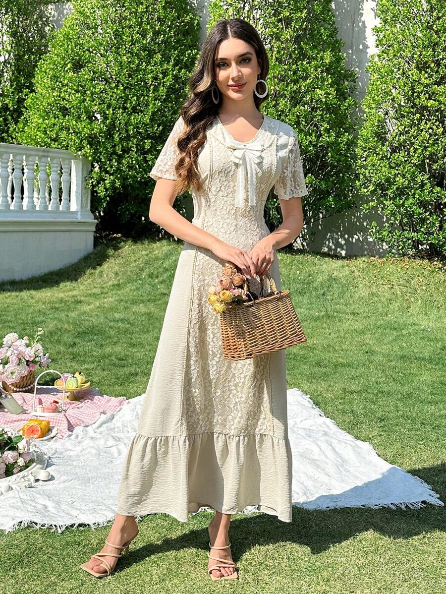 Modelyn Women Elegant Solid Color Lace Splice Bow Decor Long Dress - White - View 1