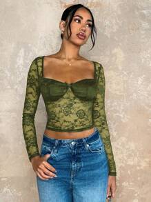 Glamine Áo thun nữ cổ vuông ôm sát gợi cảm trong suốt quyến rũ gợi cảm đa năng gợi cảm mùa xuân và mùa thu phong cách mới thích hợp cho ngày lễ tình nhân tiệc năm mới - màu xanh lá - Xem 5