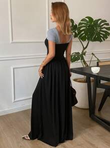 DAZY Splice Contrast Color Off Shoulder Bodycon Dress, Elegant For Holiday/Vacation Wear, Summer & Spring Sundress Maxi Dress - Black - View 2