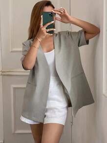 Livesso Women's Solid Color Loose Short Sleeve V-Neck Casual Elegant Vintage Summer Jacket - Khaki - View 1