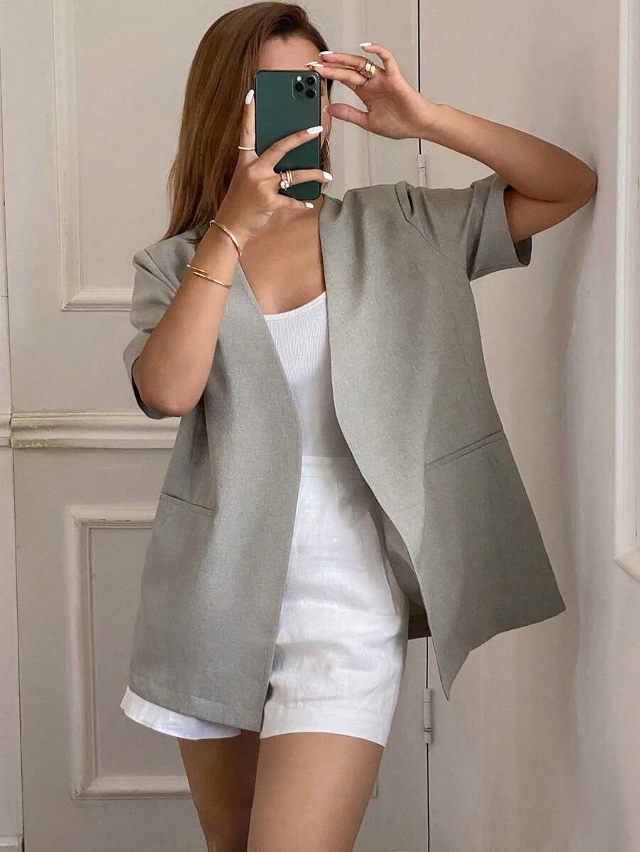 Livesso Women's Solid Color Loose Short Sleeve V-Neck Casual Elegant Vintage Summer Jacket - Khaki - View 1