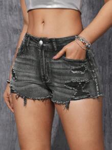 SHEIN EZwear Casual Washed Slim Fit Distressed Denim Shorts