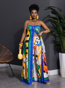 Slaydiva Plus Size Women's Casual, Holiday, Elegant Strapless Front Slit Loose Long Top And Long Pants 2 Pieces Set, Holiday Floral Print,Holiday Outfits Boho - Multicolor - View 7