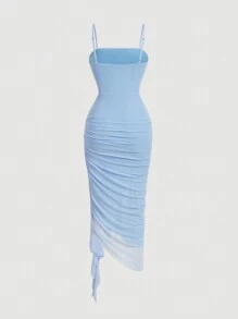 SHEIN MOD Vestido de mujer de unicolor con pliegues y volantes en el borde, vestido con bajo asimétrico, vestido camisero azul, ropa para el Día de San Valentín, conjuntos de primavera para mujer, atuendos para despedida de soltera