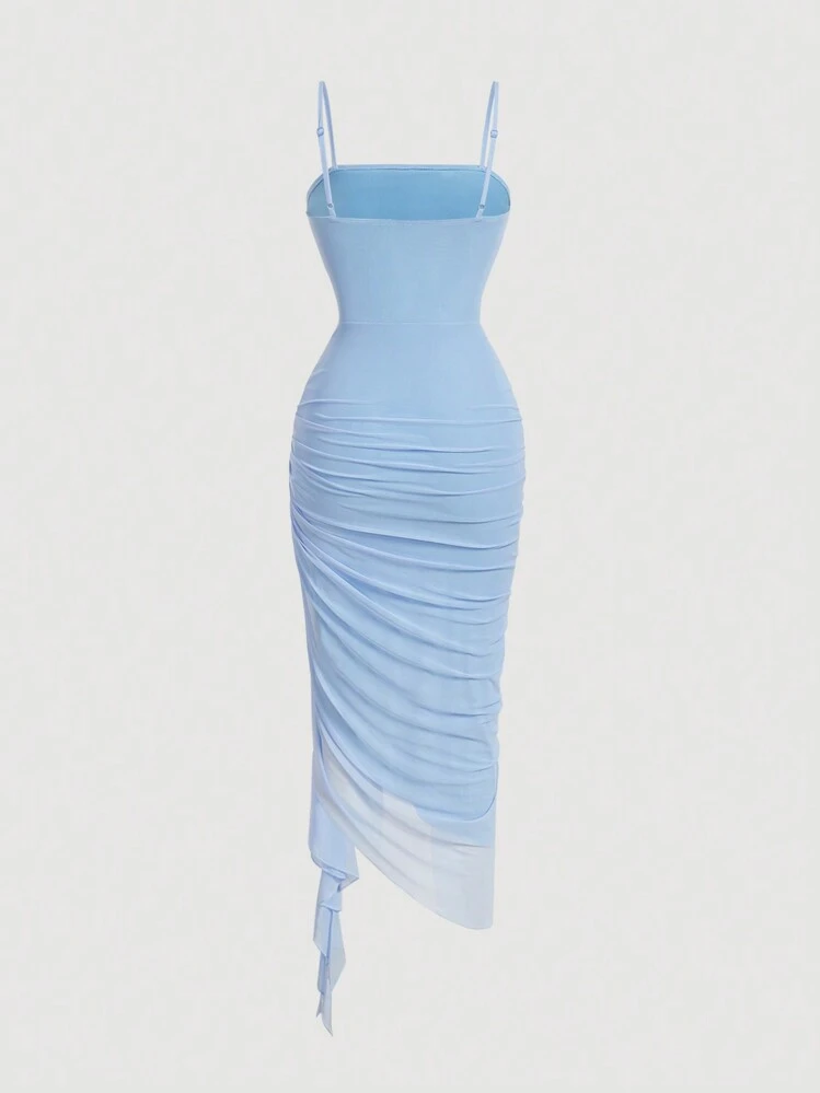 blue ruched mesh dress Lulus | Blue Mesh Ruched Column Maxi Dress | Womens | XXL (Available in XXS, XS, S, M, L, XL)