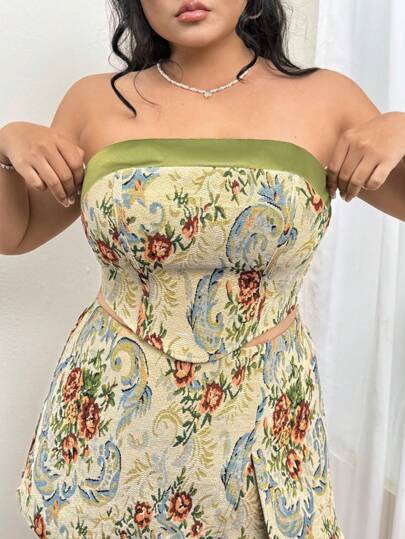 SHEIN ICON Plus Size Summer Vintage Floral Print Tube Top