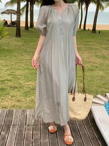 DAZY 女士海滩度假 V 领宽松休闲中长连衣裙，搭配宽松直筒中袖太阳裙