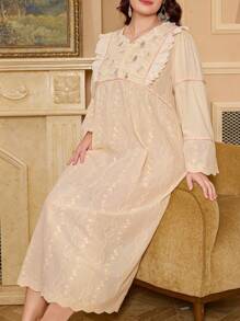 PalaceNights Plus Size Long Sleeve V-Neck Lace Patchwork Ruffle Hem Loose Vintage Long Nightgown