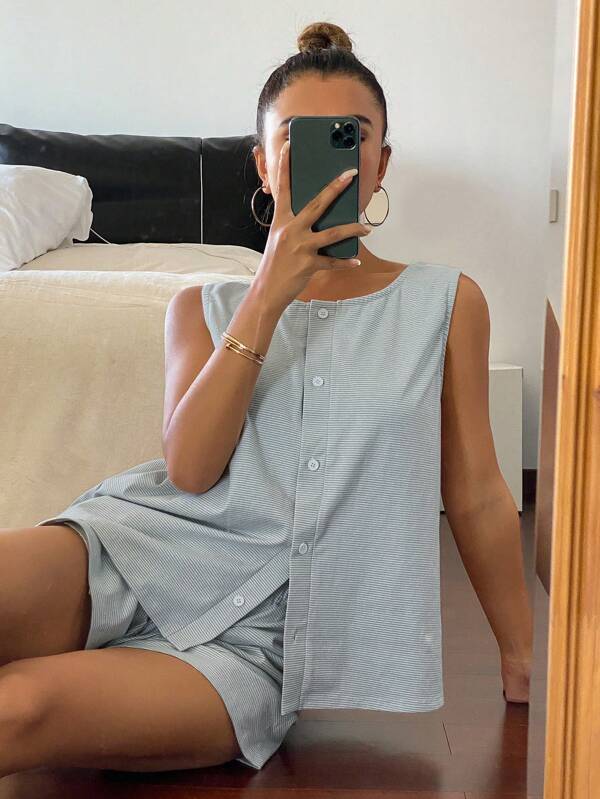 Livesso Women Simple Striped Sleeveless Top And Loose Shorts Pajama Set, Homewear
