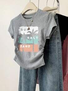 Teen Girl Palm Tree & Letter Print Short Sleeve Ruffle T-Shirt - Grey - View 1