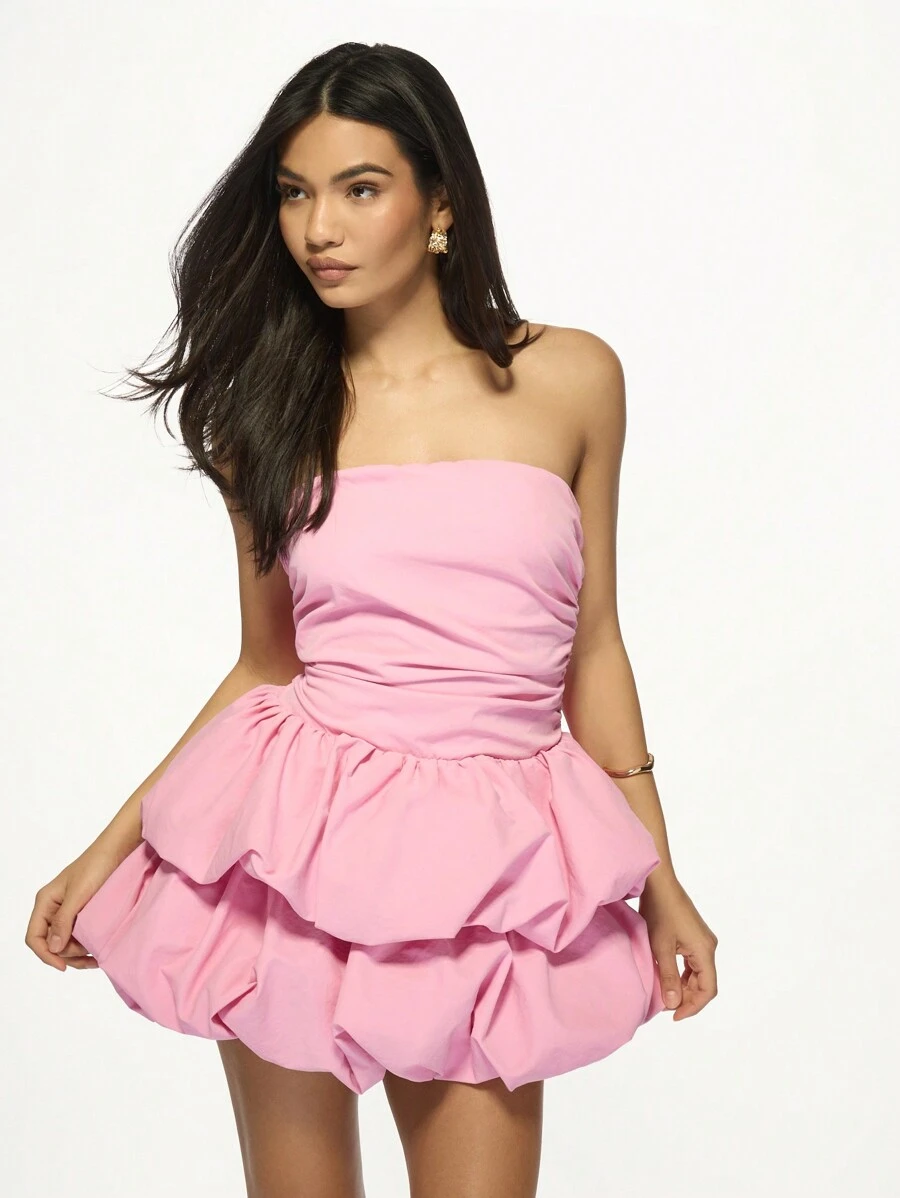 MISSGUIDED Strapless Bubble Hem Mini Party Dress Ruched Bodice Puffball Tiered Skirt Special Occasion Homecoming Dance Wedding Guest Evening - Pink - View 1