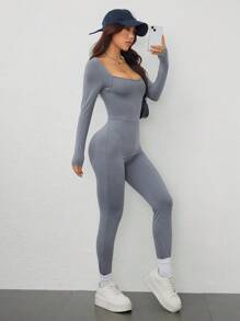 SHEIN EZwear Spring Black Solid Square Neck Unitard Jumpsuit