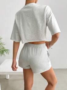 SHEIN EZwear مجموعة ملابس علوية قصير وشورت بلون أساسي قطعتين للمرأة كاجوال - رمادي - مشاهدة 2