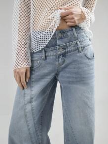 Ontre 2026 Spring/Summer Women's Light Blue Washed Denim Jeans, Designed With Split Lines, Wide-Leg Jeans, Fashion Versatile, Casual Commute, Urban Chic, Minimalist Elegant, Women's Pants, Spring/Summer Outfit, Vacation, Date, Holiday Attire, Asymmetric Waist Women's Fashionable Denim Jeans - Light Wash - View 4