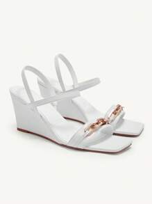CUCCOO CHICEST Women White Wedge Heel Sandals With Asymmetrical Gold Buckle Decor And Open Toe