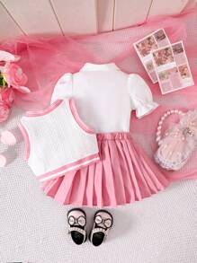 SHEIN 3pcs/Set Baby Girl Spring&Summer Preppy Style,Bowknot Embroidery Vest& Casual Short Sleeveless Shirt &Pleated Short Skirt - Pink - View 2