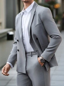 Manfinity Mode Bộ quần áo vest và áo khoác vest ôm vừa vặn hai hàng khuy ve nhọn cho nam, tiện dụng với nhiều túi, bộ vest hai mảnh thường ngày cho công sở - Xám - Xem 6