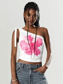Easelle Printed Asymmetrical Neck Top Asymmetric Simple Fashion Daily Casual Summer For Women - White - View 5