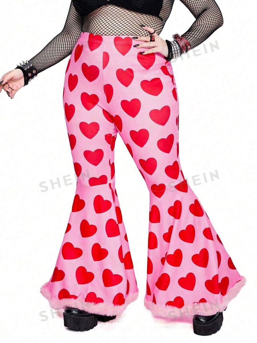 Whyspr Pantalones de pierna ancha con estampado de corazón rosa encantador de moda retro para mujeres talla grande en el Día de San Valentín