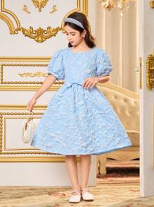 SHEIN Tween Girl Casual Fashion Ruffle Hem Plaid Print Sweet Patchwork Contrast Color Dress, Suitable For Summer, Layering, Outdoor Wear, Comfortable Soft Fabric For Casual, Party, Holiday, School - Blue - View 1