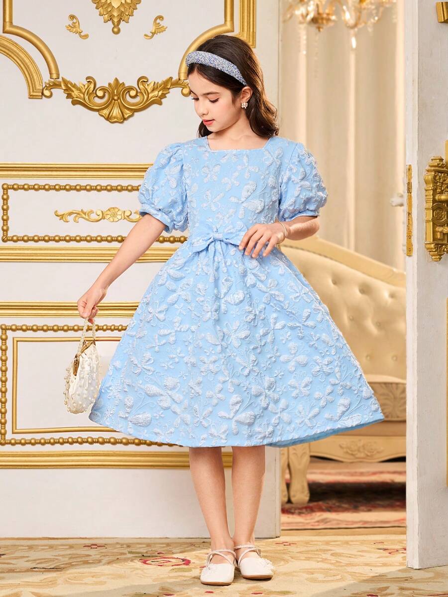 SHEIN Tween Girl Casual Fashion Ruffle Hem Plaid Print Sweet Patchwork Contrast Color Dress, Suitable For Summer, Layering, Outdoor Wear, Comfortable Soft Fabric For Casual, Party, Holiday, School - Blue - View 1