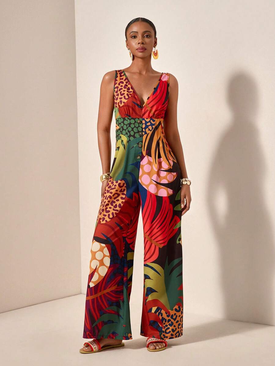 Zivah 新款春夏假期背心式V领前中分纽扣装饰开襟阔腿宽松加长全身波点豹纹女连体裤- - 彩色 - 查看 1