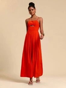 Travachic 女士宽松露背橙色吊带阔腿连体裤 - 橘色 - 查看 6