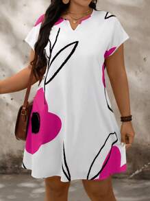 SHEIN LUNE 大码花卉缺口 V 领蝙蝠袖夏季连衣裙女士夏季服装度假服装女士连衣裙度假连衣裙 - 玫紅色 - 查看 5