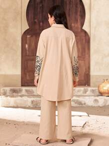 SHEIN Leap Crew 2pcs Tween Girl Loose Casual Turndown Collar Long Pattern Shirt & Pants Set - Apricot - View 2