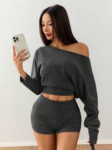 INAWLY Set da donna composto da 2 pezzi, top a manica lunga con colletto asimmetrico e pantaloncini, in colore unito - Grigio - Visualizzare 5