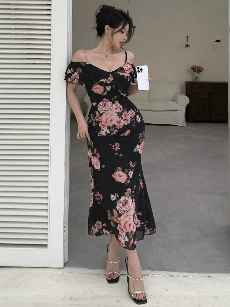 Ditsy Floral Holiday Beach Off Shoulder Slip Dress With Ruffle Hem Patchwork, Women Maxi Bodycon Dress Elegant Easter