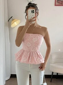 Chiquease Women's Elegant Vacation Bandeau Textured Ruffle Top - Pink - View 2