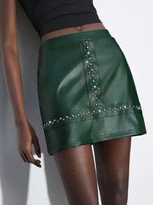 Maija Women's Green PU Leather Versatile Short Skirt With Rivet Decor, Modern Urban Party Wear, Waist-Cinched Style
