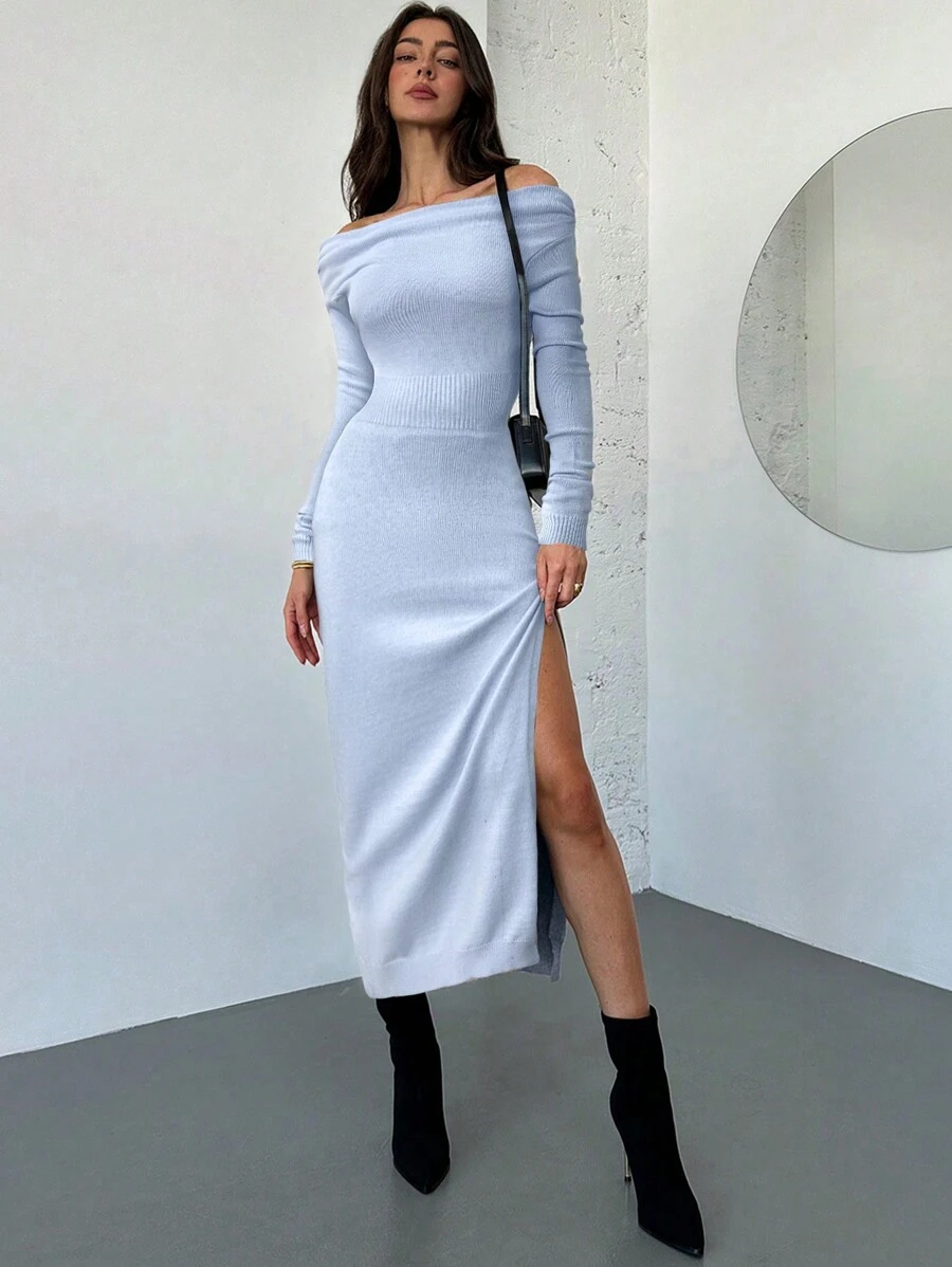 Aloruh 简约通勤露肩荷叶边腰部修身女士毛衣连衣裙