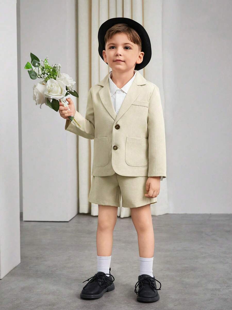 SHEIN 2pcs Young Boy British Gentleman Suit Set, Long Sleeve Blazer And Shorts, Fashion Outfit For Birthday Party, Banquet, Wedding, Baptism Anniversary - Khaki - View 1