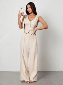 SHEIN PETITE 无袖开襟背心和休闲裤套装 - 杏色 - 查看 7